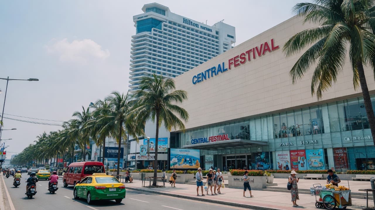 ビーチロードの Central Festival Pattaya Beach。上にヒルトンの塔