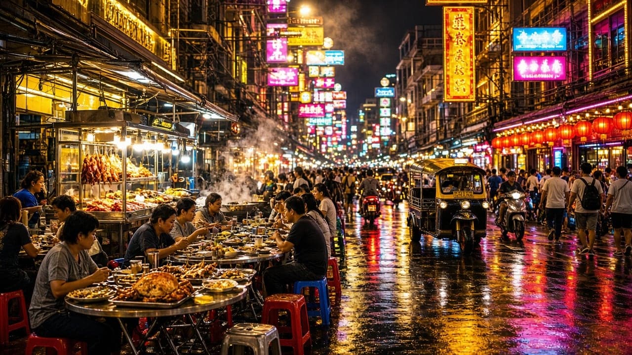 Yaowarat Road neon signs and street food stalls in Bangkok Chinatown at night