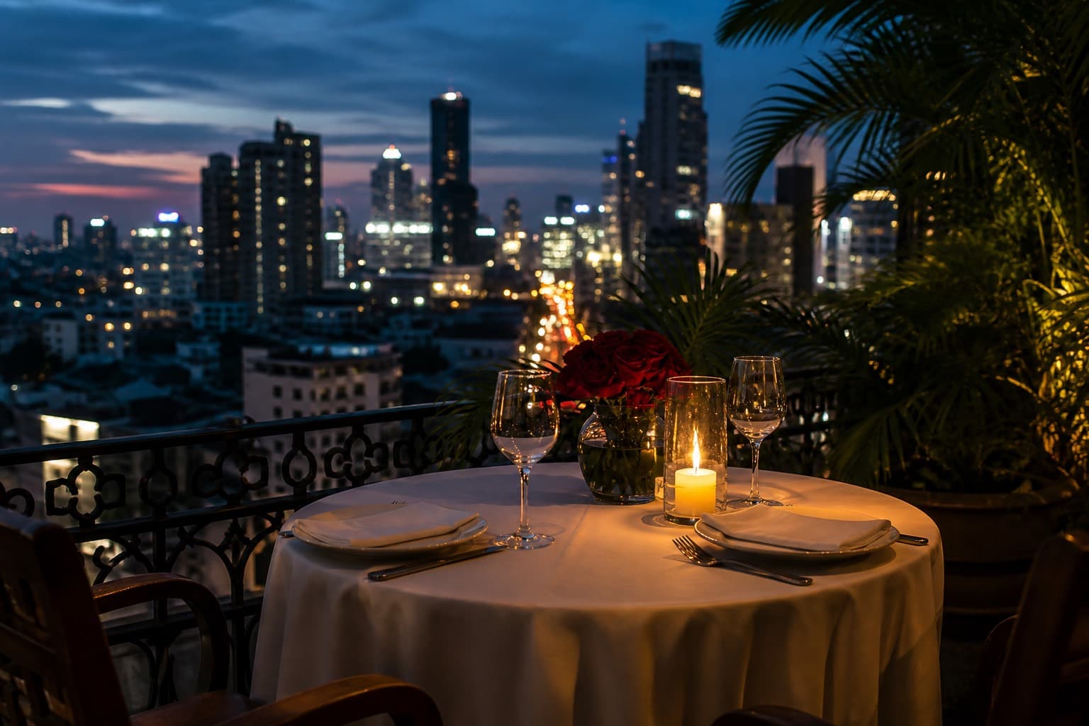 A candlelit table for two on a Bangkok terrace at dusk