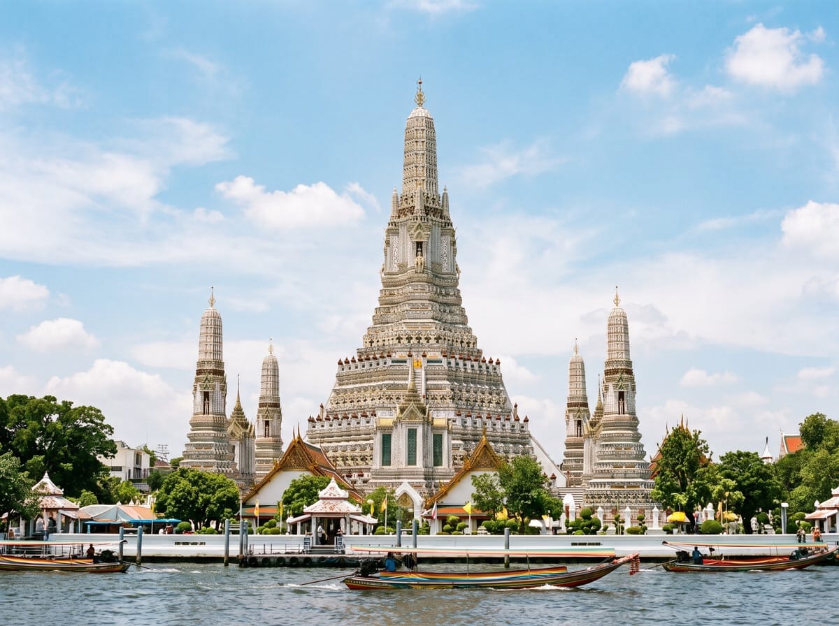 The porcelain-covered prang of Wat Arun rising above the Chao Phraya river in Bangkok