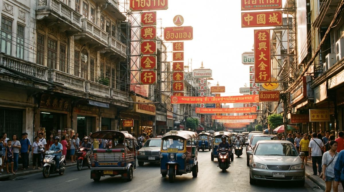 Gold shopfronts and Chinese signage along Yaowarat Road in Bangkok's Chinatown