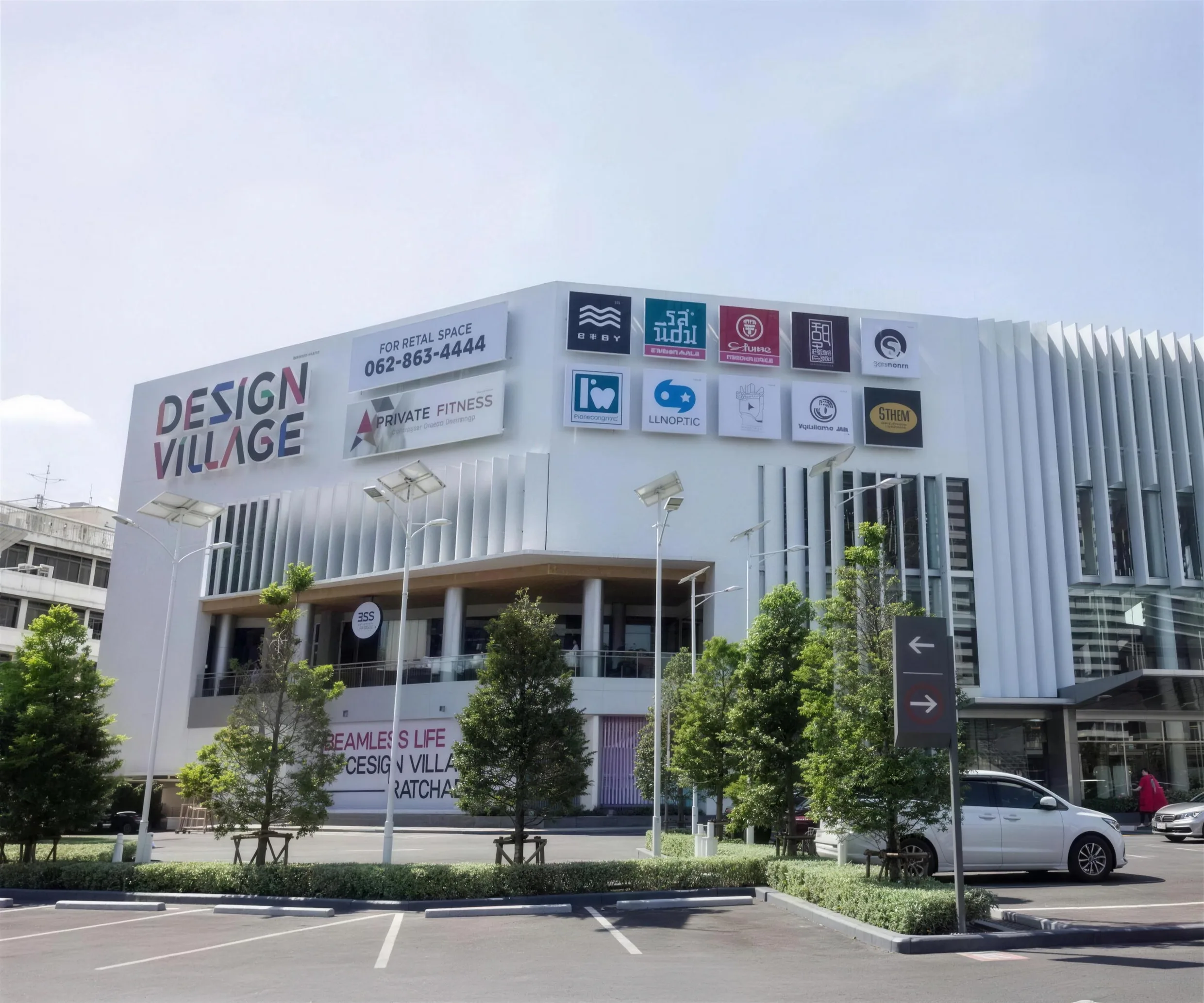 Arawana Regency Ratchada 近くの Design Village。白い正面と看板